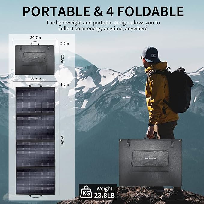 400W Portable Solar Panel for Power Station Generator,400 Watt Foldable Solar Panel Charger with MC4 Output,3-in-1 DC Connector,23.5% High Efficiency for Outdoor Camping RV Travel (400W)