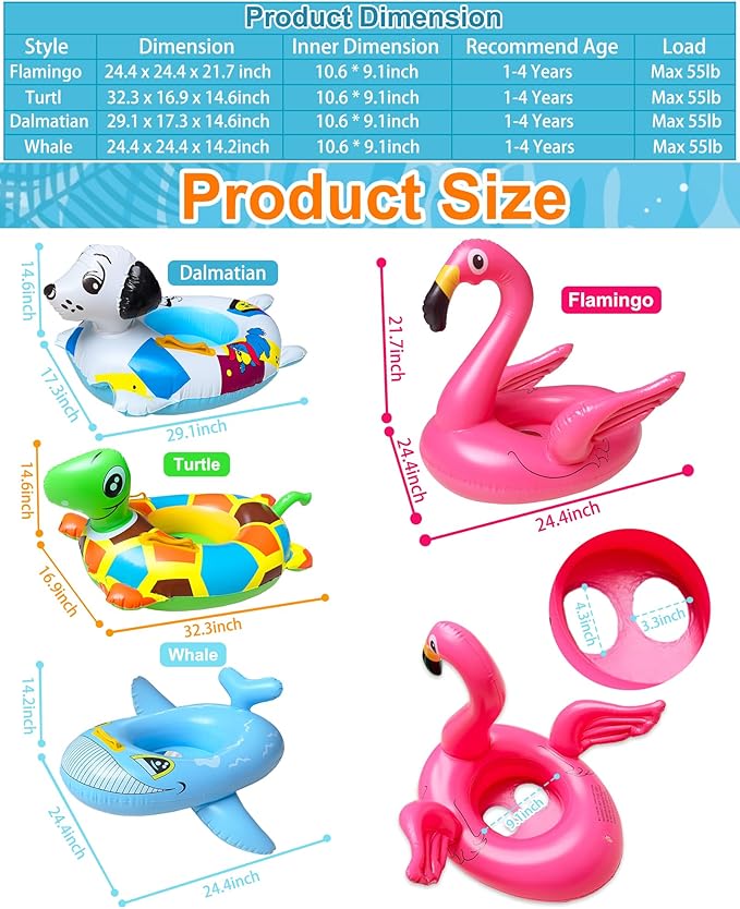 4 Pack Inflatable Pool Floats for Toddler Age 3-7 Animal Swim Tube Rings for Kids Infant Baby Ride on Beach Floaties with Safety Seat&Handle for Summer Lake Pool (Flamingo, Turtle, Whale, Dalmatian)