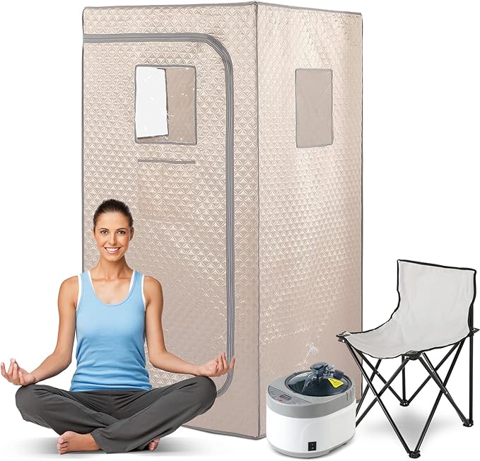 Smartmak Portable Home Steam Sauna, Full Size Personal Sauna Spa Box, Single Saunas Tent with Steamer, 4L 1500W Steam Generator 99 Min Timer, Remote Control, Upgraded Foldable Chair, Mat, Champagne
