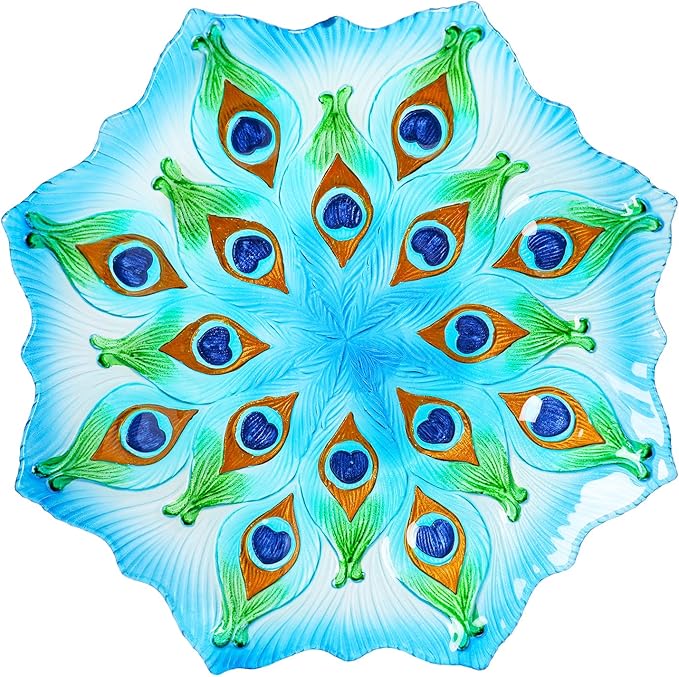 MUMTOP Outdoor Glass Birdbath with Metal Stand for Outside Yard Garden Decor, 18 inch Diameter Peacock Bird Baths Bowl for Outdoors, 21.65 inch Height