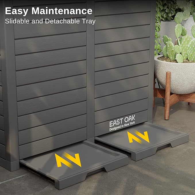 EAST OAK 62 Gallon Outdoor Trash Can, Waterproof Resin Garbage Can with Tiered Lid and Drip Tray, Outside Trash Bin for Patio, Backyard, Deck, Grey