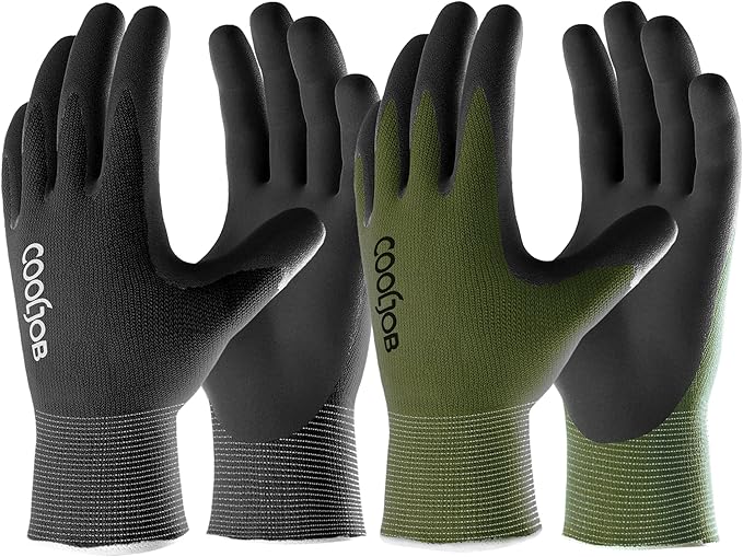 COOLJOB Gardening Gloves for Men, 2 Pairs Breathable Rubber Coated Garden Gloves for Weeding Landscaping, Outside Work Gloves for Lawn Yard, Men’s Large Size, Black & Green (2 Pack L)