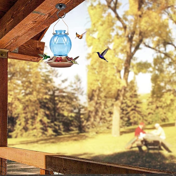 BOLITE Hummingbird Feeder, Glass Hummingbird Feeders for Outdoors, Netted Texture Ball Shape Bottle, 20 Ounces, Blue, Birthday Gifts for Women Men, Gifts for Mom Dad