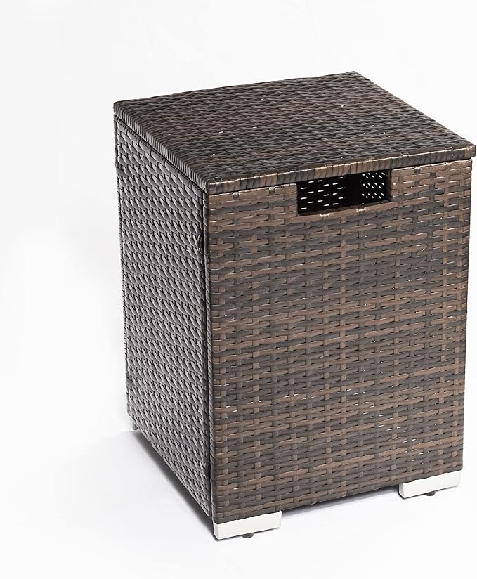 Propane Tank Cover Table for Fire Pits, 20 LB Rattan Propane Tank Holder with Side Handles, Outdoor Tank Storage Side Table for Patio, Gas Griddle, Brown