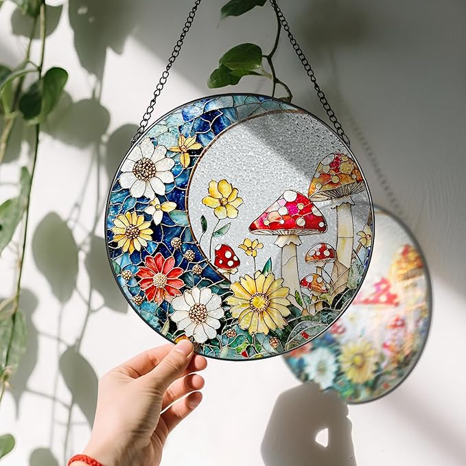 8 Inch Mushroom Suncatcher, Stained Glass Mushrooms Home Decor, Stained Glass Window Hanging, Plant Lover Gifts for Women, Birthday Gifts for Her Mom Grandma, Idea Gift, Gift Exchange