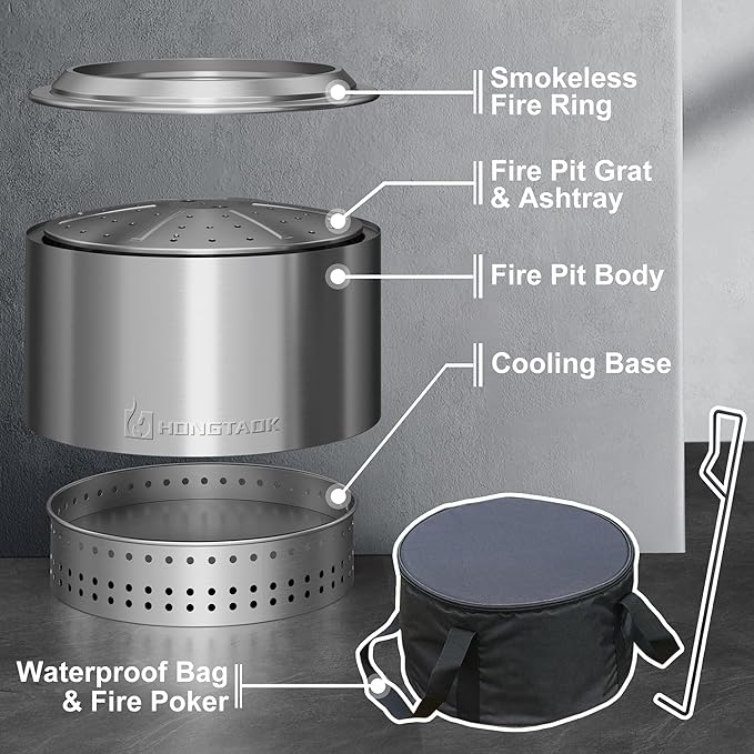 20 Inch Smokeless Fire Pit with Removable Ash Pan, Fire Pits for Outside Wood Burning, Portable Bonfire Outdoor Firepit, Waterproof Bag & Poker Included, Stainless Steel, Camping Backyard