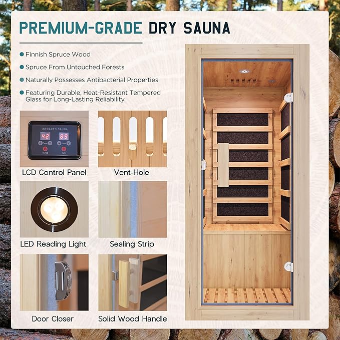 Albott Infrared Sauna 1 Person, Infrared Saunas for Home, 746W/110V Spruce Wood Dry Sauna with Foot Warmer, Easy Assembly – Compact Indoor Spa, 149℉ Fast Heating, LED Light, 27.2"x31.8"x60.2"