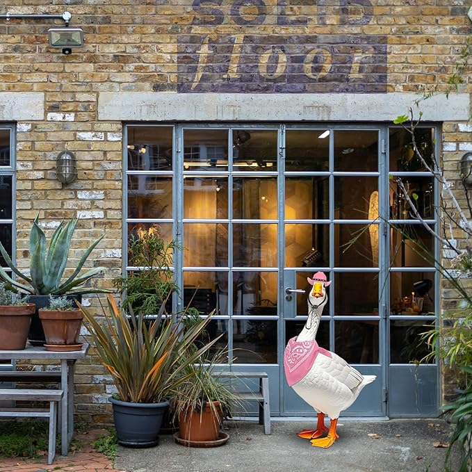 Porch Goose Outfits Western Cowboy Style, Lawn Cement Goose Clothes Outfits for Cement Goose Includes Adjustable Cowboy Hat and Scarf for 23/17″ Outdoor Statue(Pink)