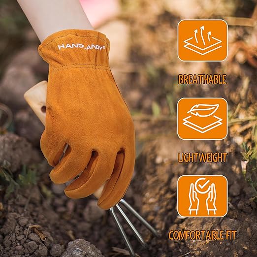 HANDLANDY 2 Pairs Kids Genuine Leather Work Gloves for ages 3-11, Children Gardening Gloves for Boys, Girls (Large (for age 8-11), Orange)