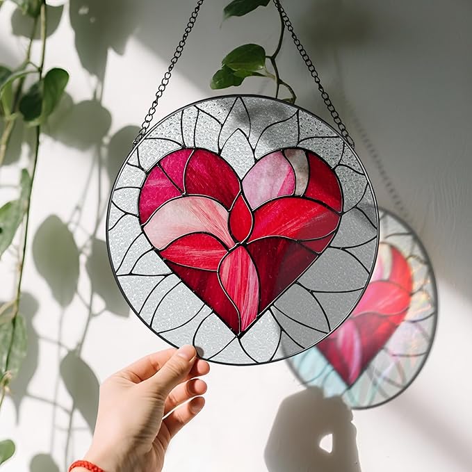 8'' Valentine Heart Suncatcher Ornament, Stained Glass Window Hanging, Suncatchers for Windows Hanging Ornaments, Valentine's Romantic Decor | Valentine's Day Gift, Gifts for Girlfriend, Wife
