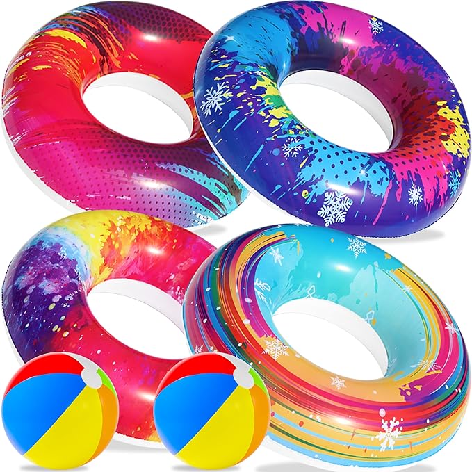 Parentswell 6PCS Big Pool Floats Tubes: Inflatable Pool Floats Swimming Rings with Beach Balls - Brightly Colored Pool Floaties Party Toys, Pool Toys for Kids Adults