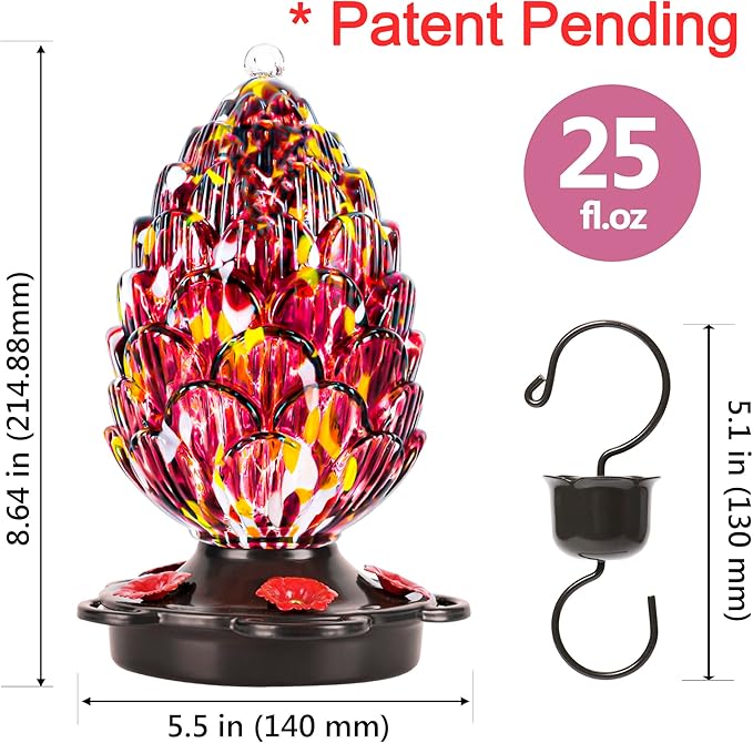 LUJII Pine Cone Shaped Hand Blown Glass Hummingbird Feeder for Outdoors Hanging, Rust Proof & Leak Proof, 25 fl.oz, Unique Gift for Bird Lover, Garden & Backyard Decor, Purple
