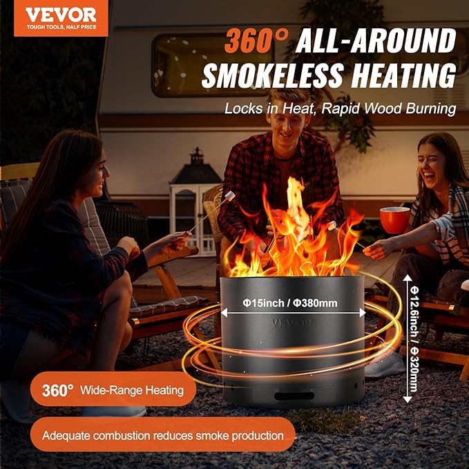 VEVOR 15 inch Smokeless Fire Pit Stove Bonfire, Wood Burning Fireplaces with Removable Ash Pan, SUS430 Stainless Steel Inner Portable Outdoor Firepit, Ideal for Outdoor Patio Camping High 12.6 inch