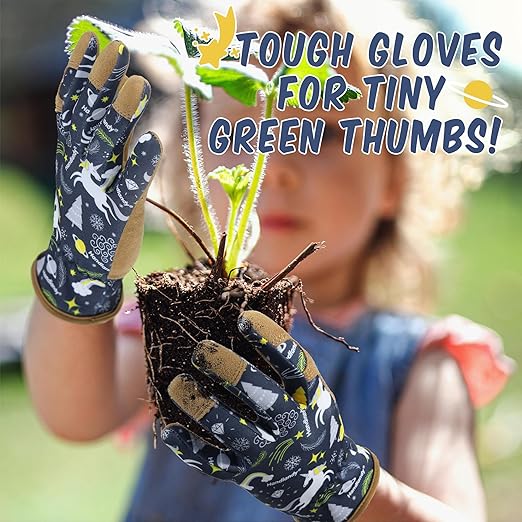HANDLANDY 2 Pairs Kids Genuine Leather Gardening Gloves for ages 3-11, Children Toddler Work Outdoor Playing Gloves for Boys Girls Gift (Small (for age 2-4), Blue)