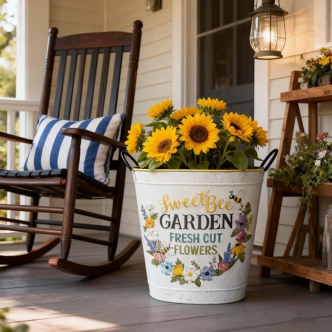 Set of 2 Sweet Bee Garden Metal Planter Buckets, Rustic Farmhouse Flower Pots with Handles, Decorative Indoor Outdoor Gardening Containers for Succulents, Herbs, Home & Porch Decor