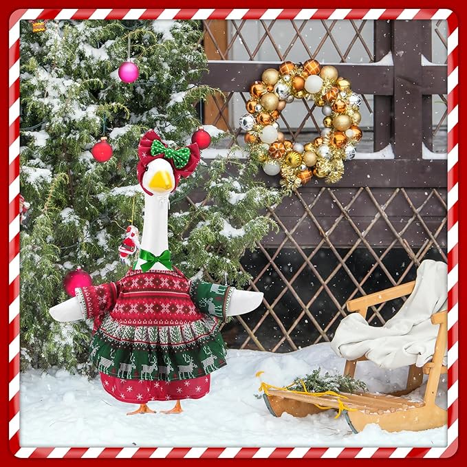 Christmas Porch Goose Outfits for 23 Inch Lawn Statue, Ugly Sweater Costume for Plastic/Cement Statue, Duck Sculpture Clothes for Xmas Winter Yard Patio Party Decoration