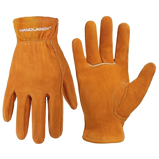 HANDLANDY Kids Genuine Leather Work Gloves for ages 3-11, Children Gardening Gloves for Boys, Girls (Medium (for age 5-7), Orange)