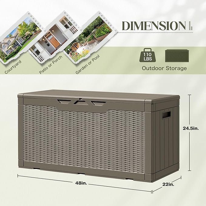 105 Gallon Deck Box Outdoor Indoor Waterproof Storage Box for Patio Furniture, Pool Accessories, Garden Tools, and Cushion Storage, Coffee