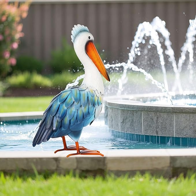 Pelican Statues Metal Garden Decor Coastal Blue Heron Yard Art Sculpture Ornament for Backyard Porch Patio Pond Decor
