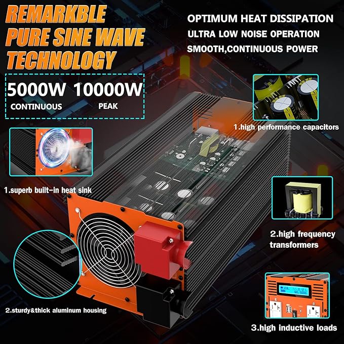 5000W Pure Sine Wave Power Inverter 12V DC to 110V 120V Converter for Family RV Off Grid Solar System Emergency Power Supply, Type-C Port 4 GFCI AC Outlet Dual USB Remote Control and LCD Display