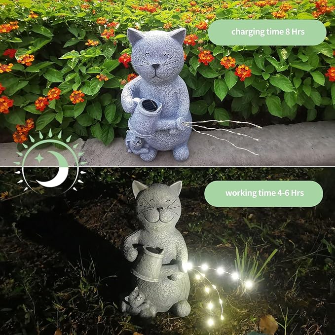 Solar Cat Outdoor Statue and Figurine Lights, Loving Cat for Patio, Balcony, Yard, Lawn-Unique Housewarming Gift for Mom Grandma