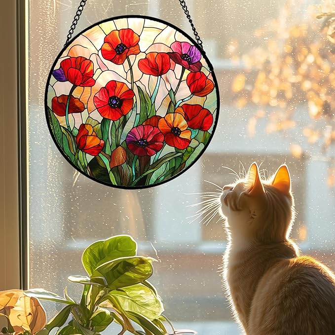 Stained Glass Window Hanging - Poppy Birth Flowers Suncatcher for Door Garden Yard Wildflowers Sun Catchers Decor Christmas Mother's Day Birthday Gifts for Women Mom Nana Friend 9.8 in