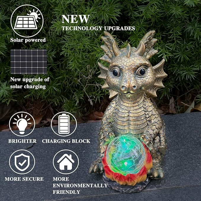 Solar Garden Statue Dragon Figurine with 7-Color Changing Solar Crackle Globe Lights- Loving Dragon for Patio,Balcony,Yard, Lawn-Unique Idea Gifts (Gray)