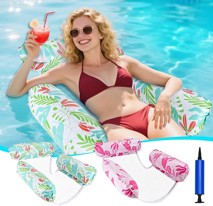 Inflatable Pool Floats for Adults, 2-Pack Multi-Purpose Pool Hammock Floating Chairs, Heavy Duty PVC Material, Water Floats for Swimming Pool, Beach, Summer Pool Toys Party Gifts