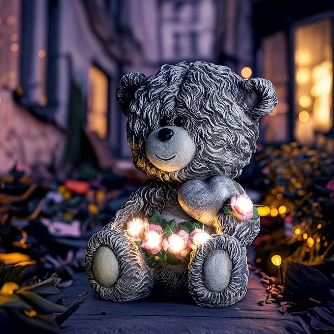 Solar Garden Outdoor Statues Bear with Heart and Pink Flower and 5 LED Lights-Lawn Decor Bear Statue for Patio, Balcony, Yard Ornament-Unique Mother's Day and Housewarming Gifts for Mom, Women
