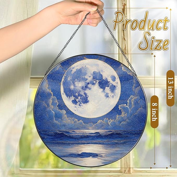 8'' Full Moon Over Ocean Sun Catcher Ornament, Stained Glass Window Hanging, Suncatchers for Windows Hanging Ornaments, Window Decor | Ideal Gift, Mother's Day, Christmas, Birthday Gifts