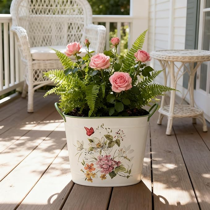 Set of 3 Vintage Floral Butterfly Metal Planter Pots, Decorative Flower Buckets with Handles, Rustic Farmhouse Plant Containers for Indoor Outdoor Gardening, Succulents, Herbs, Home Decor