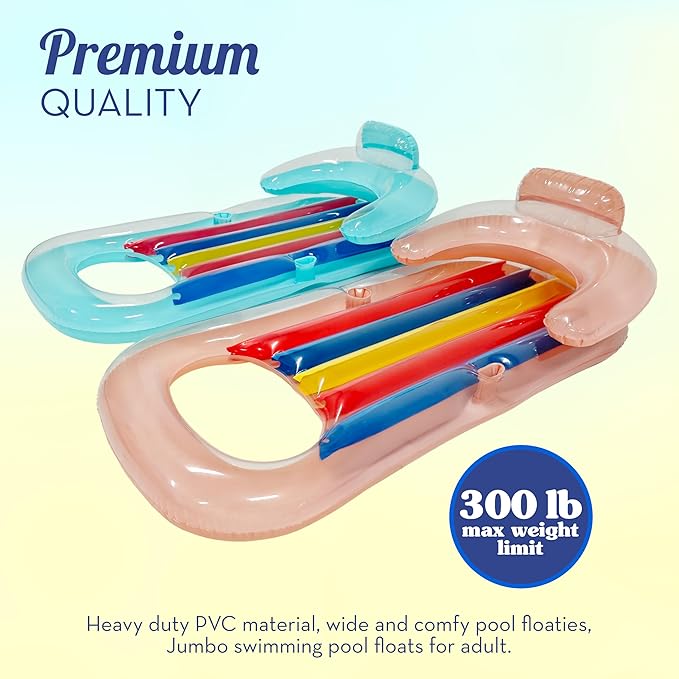 Pool Floats Adult Size Lounger with Cup Holder (2 Pack) Inflatable Floats for Swimming Pool Heavy Duty Lounger Floating Recliner Blow Up Floaties Water Floaty Lake Beach Tanning Float