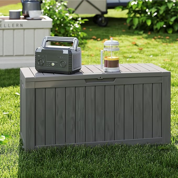 TARKARI 90 Gallon Lockable Resin Deck Box with Wheels, Waterproof & UV-Resistant Outdoor Storage Box for Outdoor Cushion Storage, Garden Tools & Pool Accessories Storage, Gray