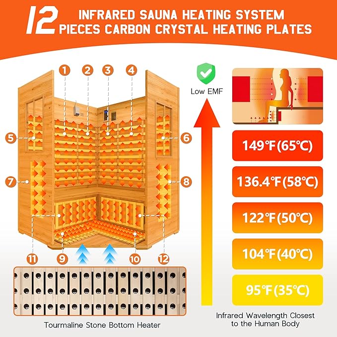 Albott Outdoor Sauna 4 Person, Infrared Saunas for Home, Low EMF 2850W/240V Spruce Wood Dry Sauna with Tourmaline Stone Foot Warmer, 7-Color Light Therapy & 2 Bluetooth Speakers, 59.1"x59.1"x98.4"