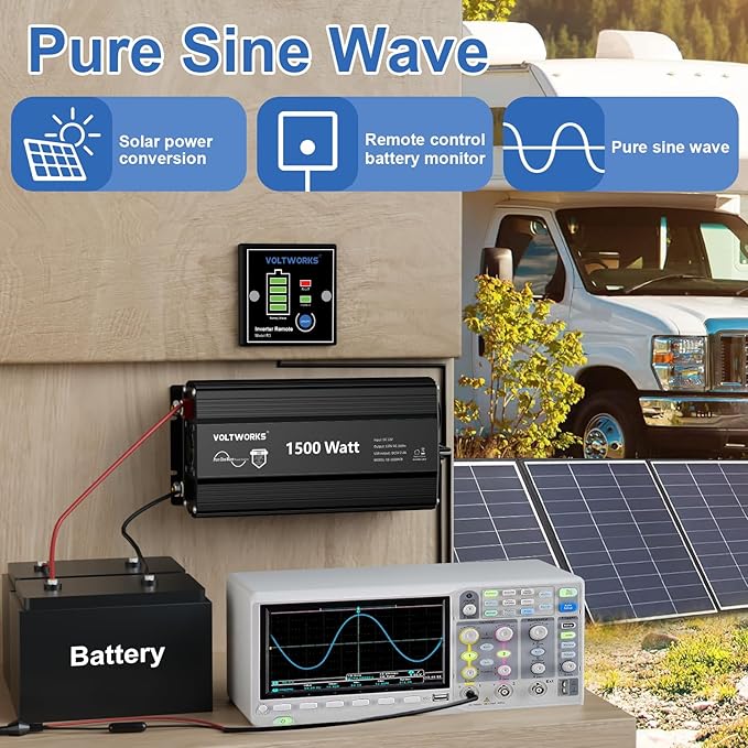 Power Inverter 1500Watt Pure Sine Wave Inverter 12V to 110V 120V AC with UL Fuses Compatible with Lithium Battery for Home RV Truck Off-Grid Solar with 15FT Battery Level Monitor Remote by VOLTWORKS