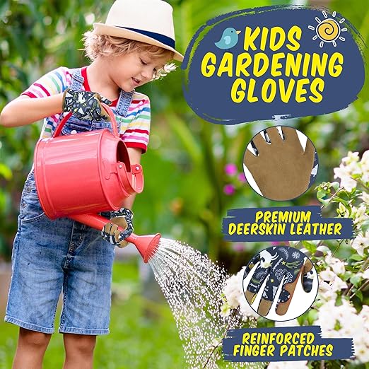 HANDLANDY 2 Pairs Kids Genuine Leather Gardening Gloves for ages 3-11, Children Toddler Work Outdoor Playing Gloves for Boys Girls Gift (Small (for age 2-4), Blue)
