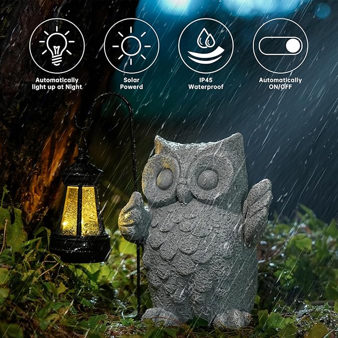 Solar Garden Statue Owl Figurine，Outdoor Garden Decor with Solar LED Lights for Patio,Balcony,Yard, Lawn-Unique Holiday Gifts for Women, Mom