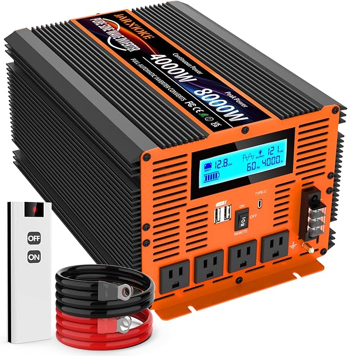 4000 Watt Pure Sine Wave Power Inverter 12V DC to 110V 120V Converter for Family RV Off Grid Solar System Car with Type-C Ports 4 AC Power Outlets Dual USB Ports LCD Display and Remote Control