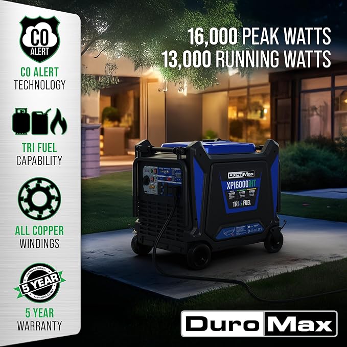 DuroMax XP16000iHT 16,000-Watt Tri Fuel Portable Digital Inverter Generator - Gas, Propane & Natural Gas, Remote Electric Start, Whole Home Power Backup, Transfer Switch Ready, RV & Emergency Ready