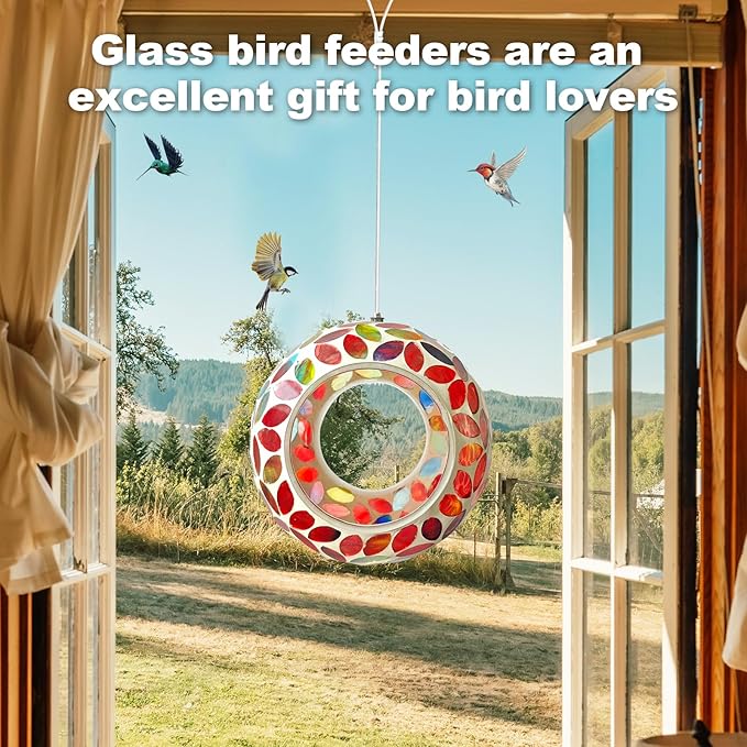 Mosaic Bird Feeder, Outside Hanging with Round Shape Glass BirdFeeders to Attract More Wild Birds, Mosaic Fly Through for Garden, Yard, Backyard, Deck and Porch Decor, Red 7-Inch