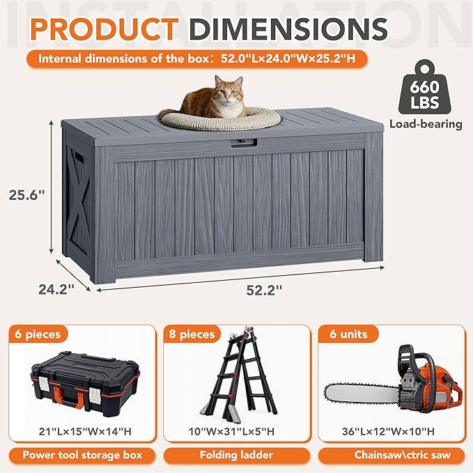 130 Gallon Deck Box Outdoor Indoor Waterproof Storage Box for Patio Furniture, Pool Accessories, Garden Tools, and Cushion Storage, Gray