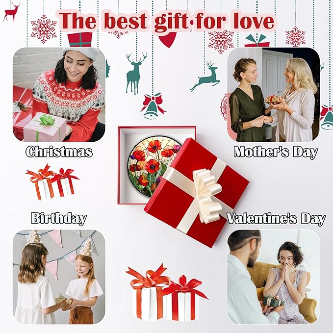 Stained Glass Window Hanging - Poppy Birth Flowers Suncatcher for Door Garden Yard Wildflowers Sun Catchers Decor Christmas Mother's Day Birthday Gifts for Women Mom Nana Friend 9.8 in