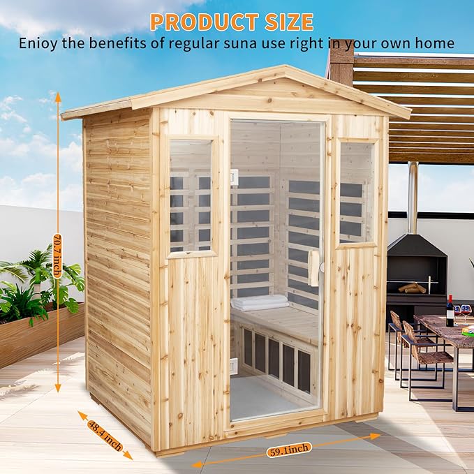 Infrared Sauna Wooden Sauna Room,Outdoor Sauna 4 Person Infrared Saunas for Home,Low Emf Infrared Sauna 2050W 2 Bluetooth Speakers, 2 LED Reading Lamp