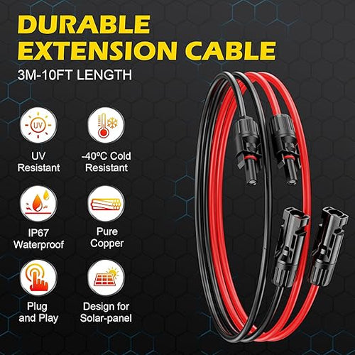 10Ft Solar Cable Solar Extension Cable,10AWG Solar Panel Extension Cable with Female and Male Connectors,Waterproof Solar Extension Cable Kit (Red and Black).