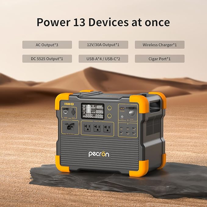 pecron E1500LFP Solar Generator with 2x300W Solar Panels,1536Wh/2200W Portable Power Station LiFePO4 Battery Backup for Home Use, Camping, RV
