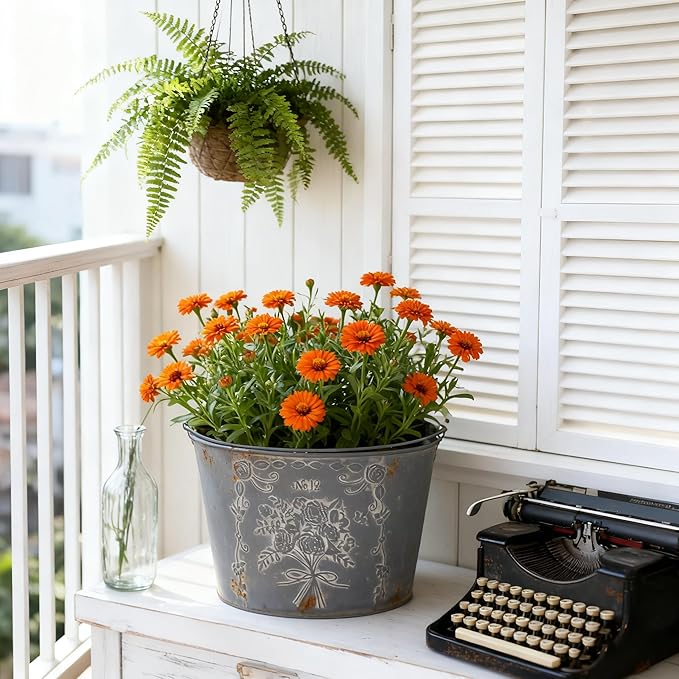 Vintage Embossed Metal Planter Pot with Handle, Rustic Farmhouse Flower Bucket, 11.81" Decorative Garden Pot for Indoor Outdoor Plants, Succulents, Herbs, Home Decor Accent