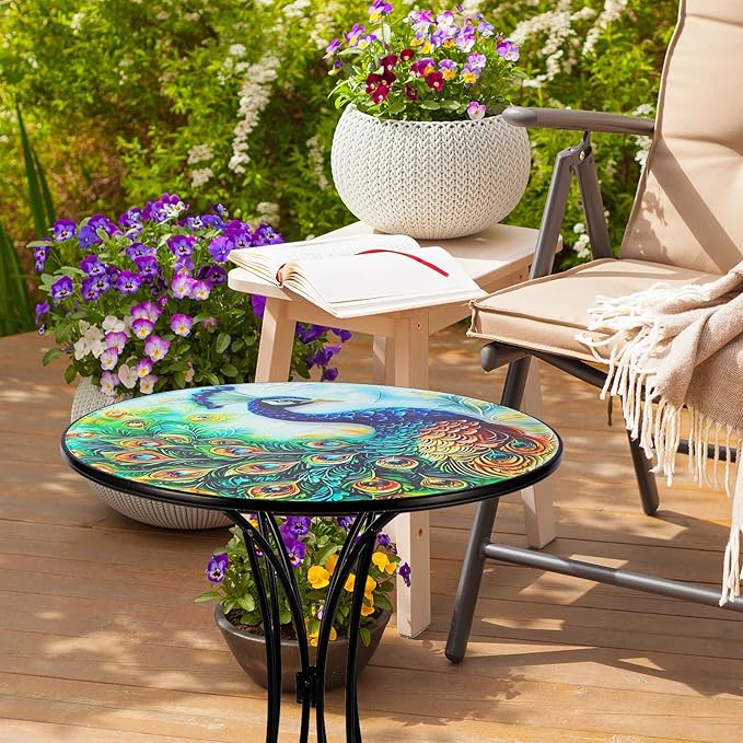 18 Inch Outdoor Side Table, Peacock Metal Accent Table, Indoor Small Round End Tables, Plant Stand Tables for Outside Yard Balcony Garden Bedside