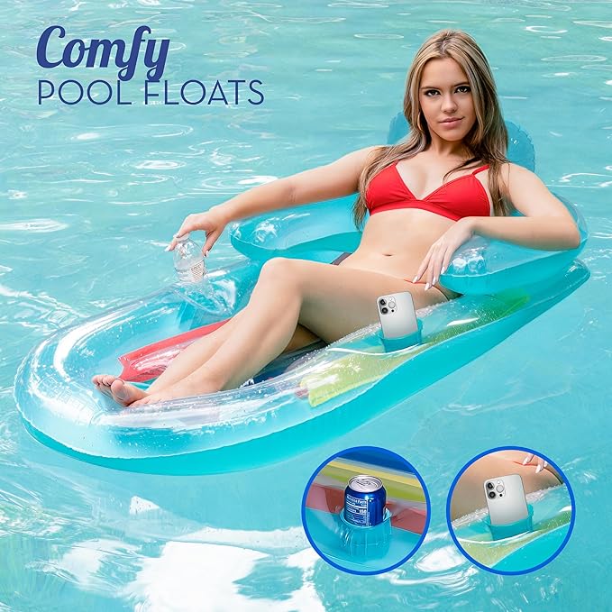 Pool Floats Adult Size Lounger with Cup Holder (2 Pack) Inflatable Floats for Swimming Pool Heavy Duty Lounger Floating Recliner Blow Up Floaties Water Floaty Lake Beach Tanning Float