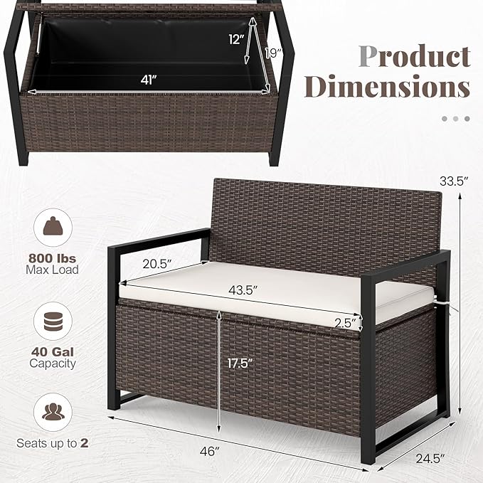 RELAX4LIFE Wicker Outdoor Bench with Storage - Rattan Deck Box w/Protective Liner for Pillows, Pool Supplies, Garden Tools, Patio Loveseat with Seat Cushion & Metal Armrests for Backyard Porch Balcony