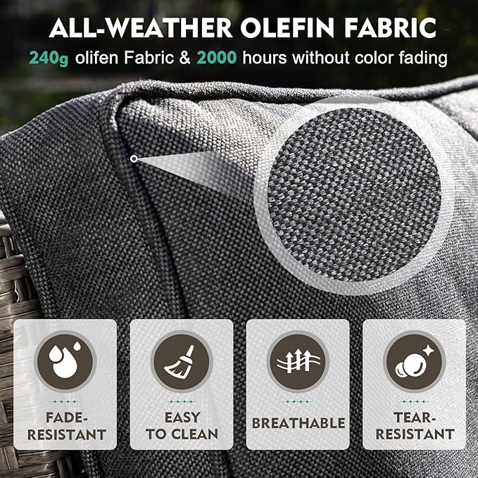 MEISSALIVVE 8 Pieces Patio Furniture Set with 43" Fire Pit Table, Wicker Patio Conversation Set with Swivel Rocking Chairs, Outdoor Patio Set for Lawn Backyard Porch (Grey)